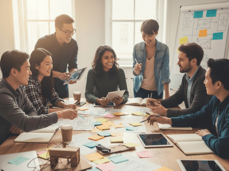 Service Innovation GENIUS – Imageworks A group of working professionals of diverse ethnicities are seated around a table, excited over a discussion at a table with lots of sticky notes and digital devices.