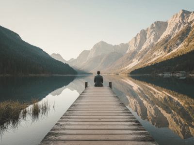 THRIVE Targeted Habits – Imageworks A professional sits on the edge of a dock, looking out into a river surrounded by mountains.