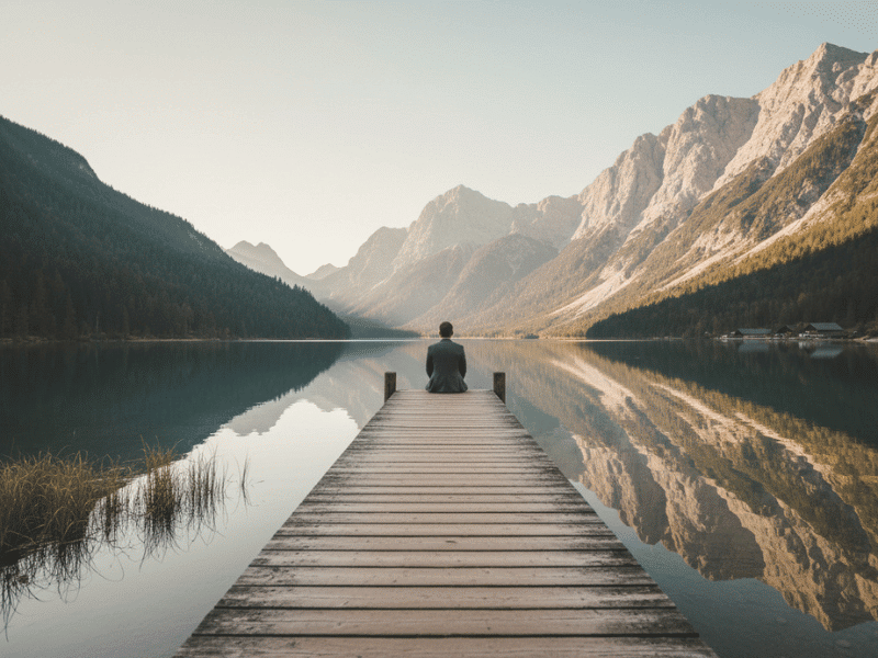 A professional sits on the edge of a dock, looking out into a river surrounded by mountains.